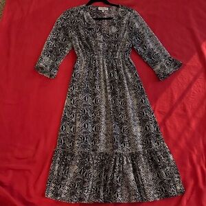 Hayden Neutral Printed Black and White Ruffle V-Neck 3/4 Sleeve Midi Dress